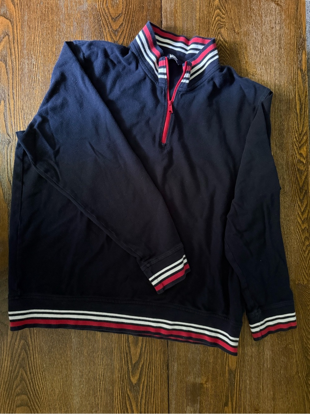 Lands' End Navy Quarter-Zip Sweater with Red and White Stripe Trim